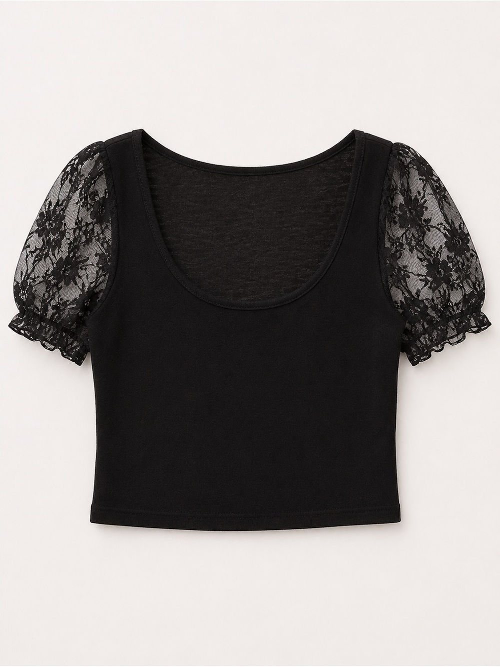 Classic Black Lace Puff Sleeve Crop Top - Unbranded